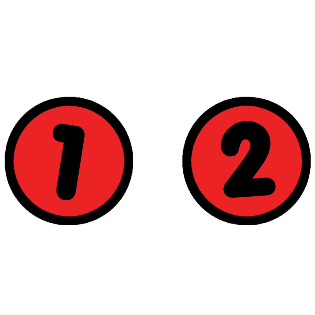 Two red circles with black outlines, on the left circle there is the number one and on the second there is the number two.